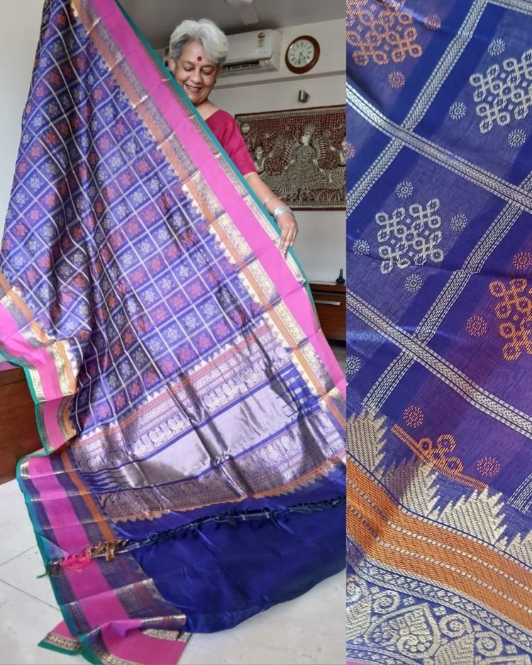 Lakshadeepam Silk-Cotton Two-tone Kanchi handweave saree with zari - (KANC1101) - Image 2
