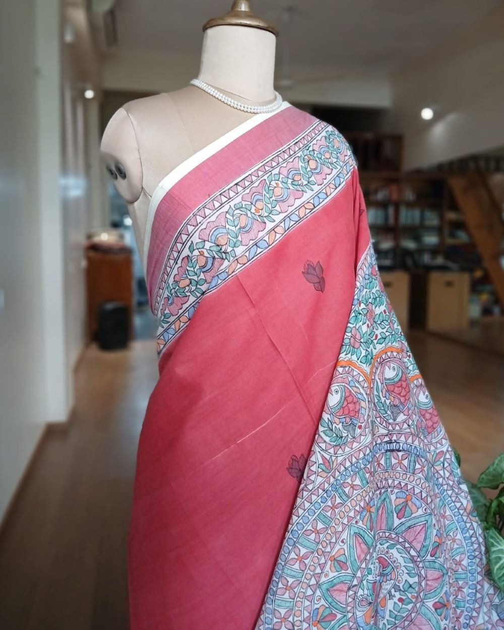 Madhubani Handpainted Saree on Cotton – (MADH1114) - Image 3