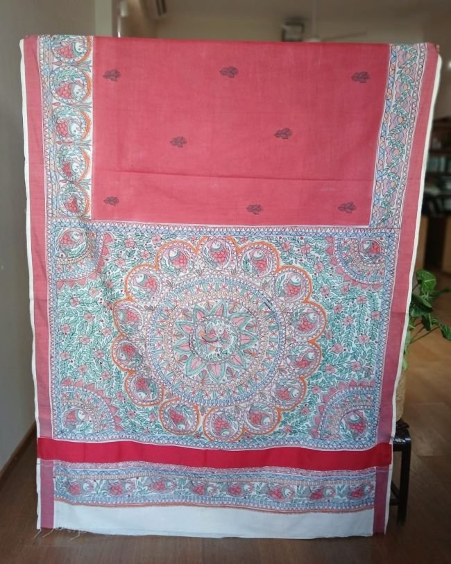 Madhubani Handpainted Saree on Cotton – (MADH1114) - Image 2