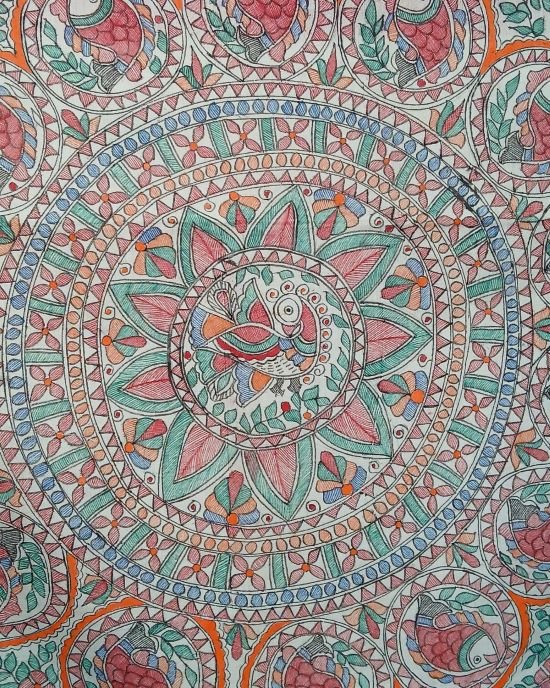 Madhubani Handpainted Saree on Cotton – (MADH1114) - Image 10