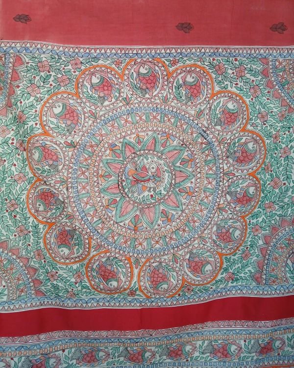 Madhubani Handpainted Saree on Cotton – (MADH1114) - Image 9
