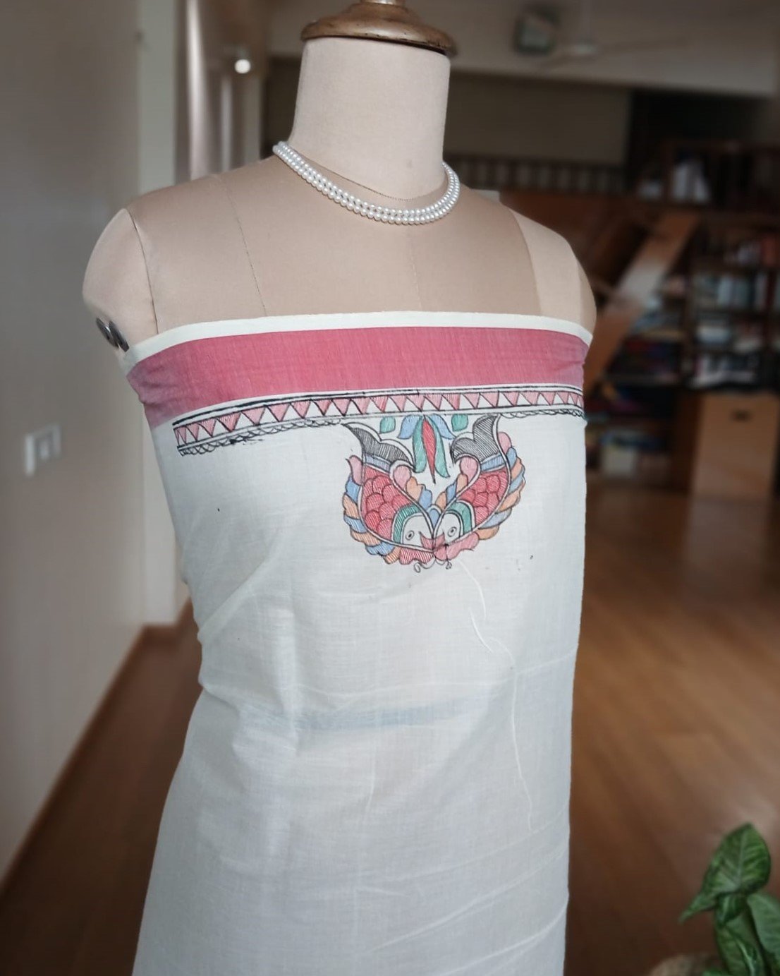 Madhubani Handpainted Saree on Cotton – (MADH1114) - Image 12
