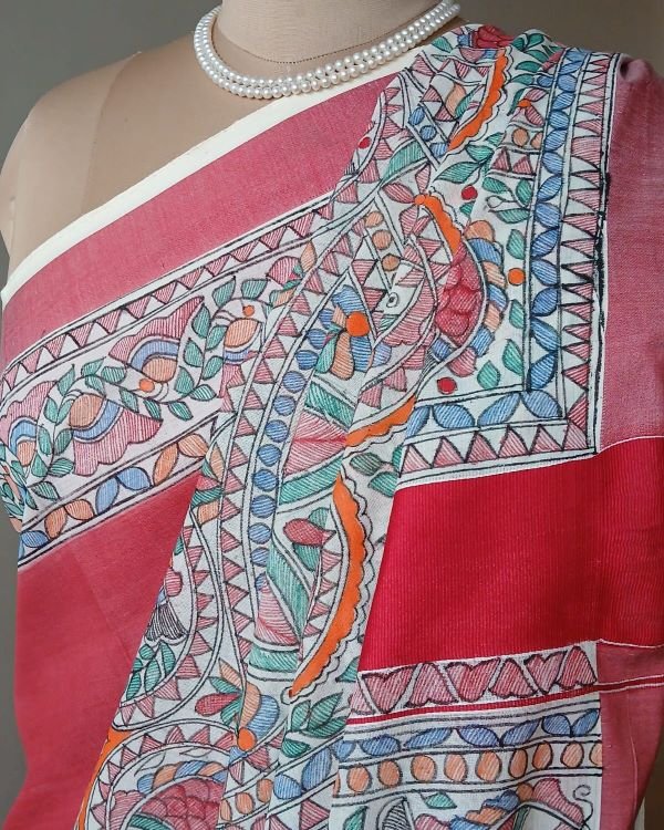 Madhubani Handpainted Saree on Cotton – (MADH1114) - Image 6