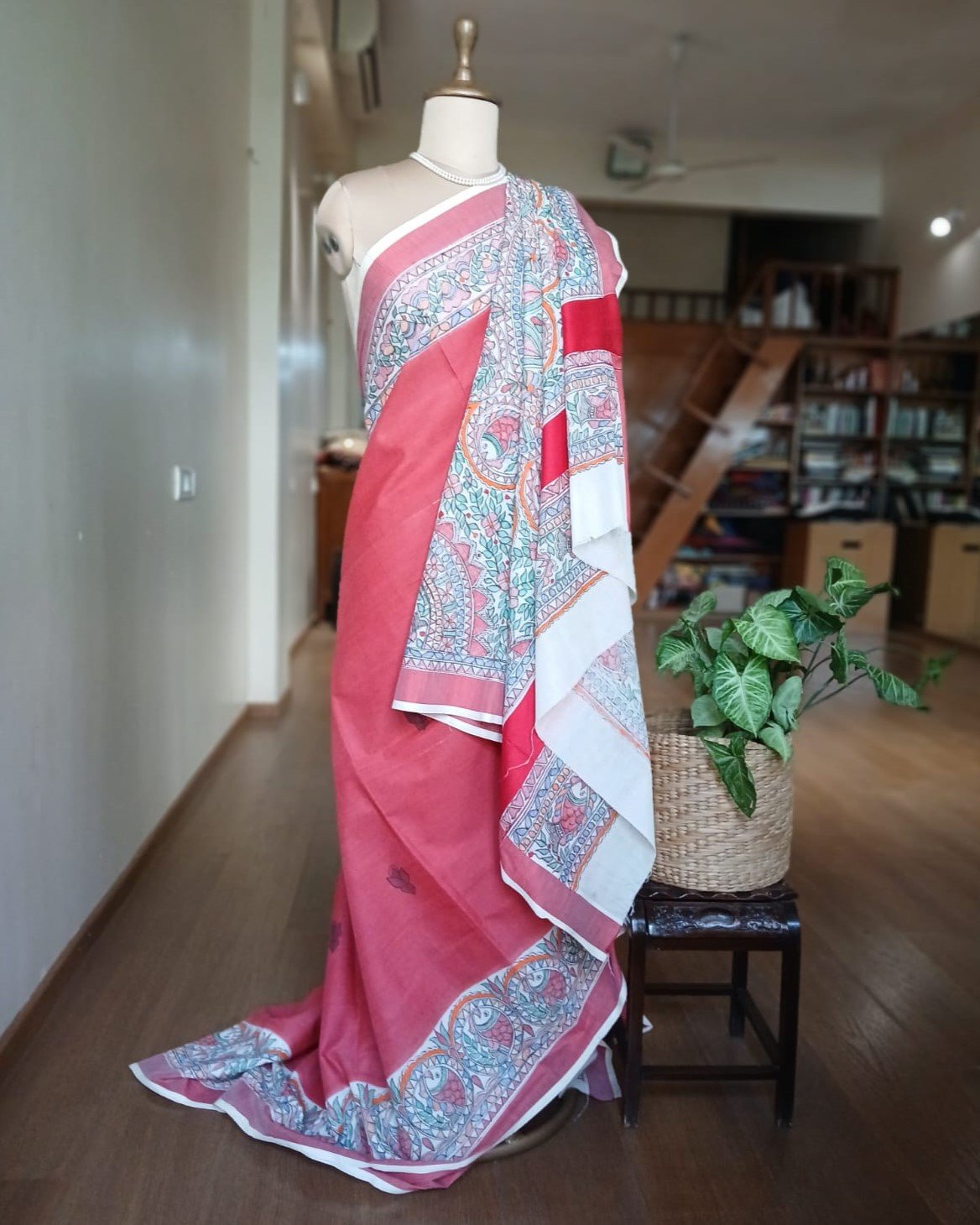 Madhubani Handpainted Saree on Cotton – (MADH1114) - Image 4