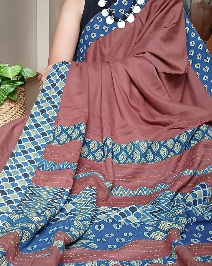Ajrakh Applique Saree in Mul Cotton – (MCAS1010) - Image 2