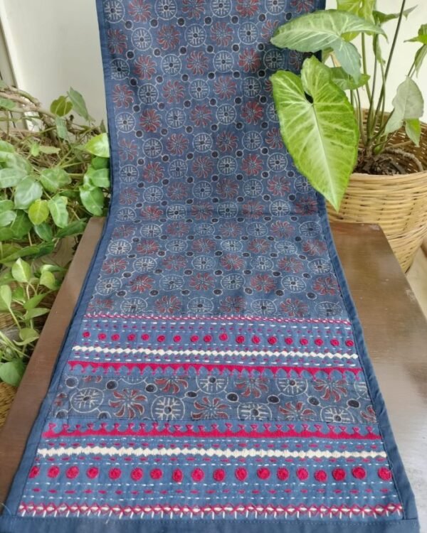 Embroidered Ajrakh Table Runner in Natural Dyes - (EATR0003)