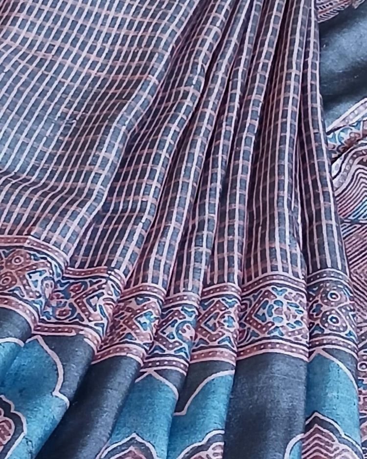 Ajrakh Tussar Silk Saree – (ATSS0016) - Image 7