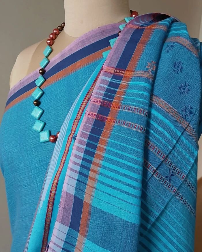 Two-tone dark turquoise Bhujodi saree – (BHUJ0059) - Image 8