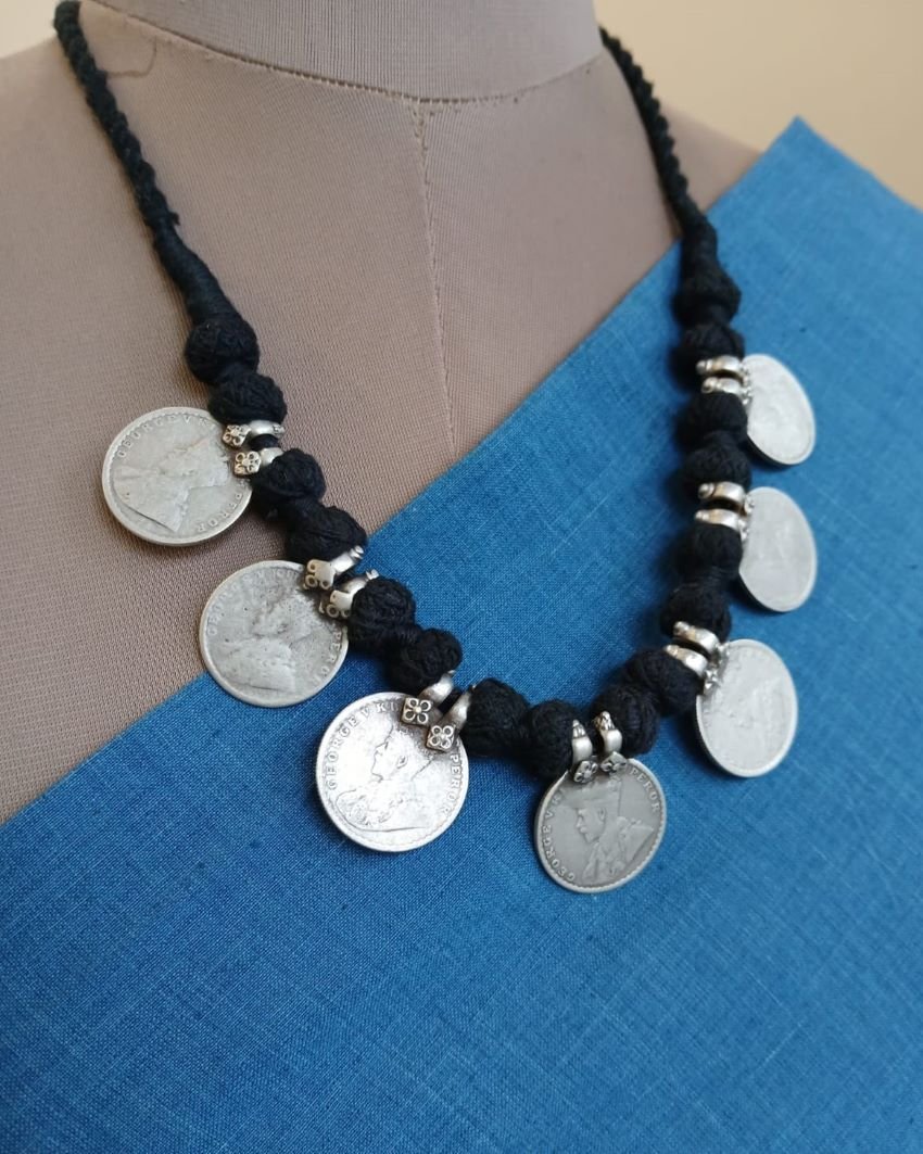 Vintage style silver coin necklace on black dori - (VSSC0002)