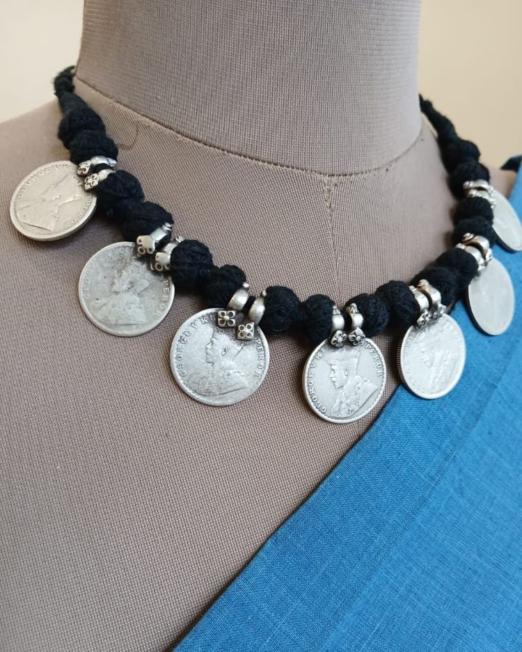 Vintage style silver coin necklace on black dori - (VSSC0002) - Image 3