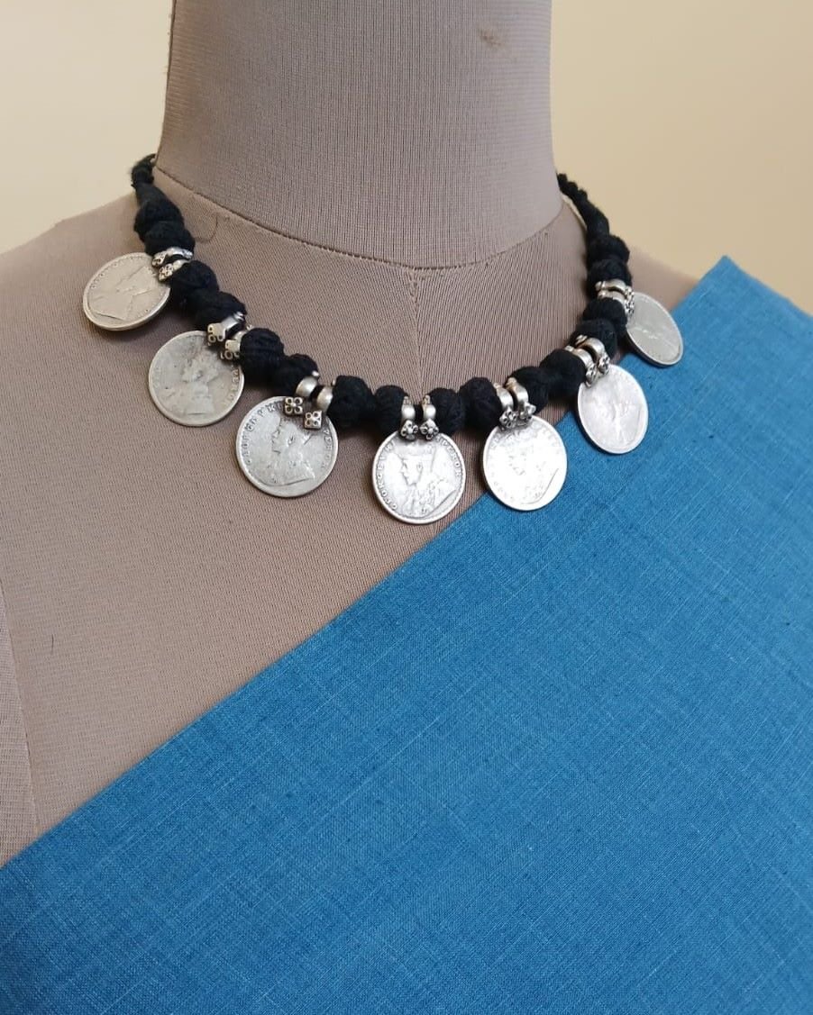 Vintage style silver coin necklace on black dori - (VSSC0002) - Image 4