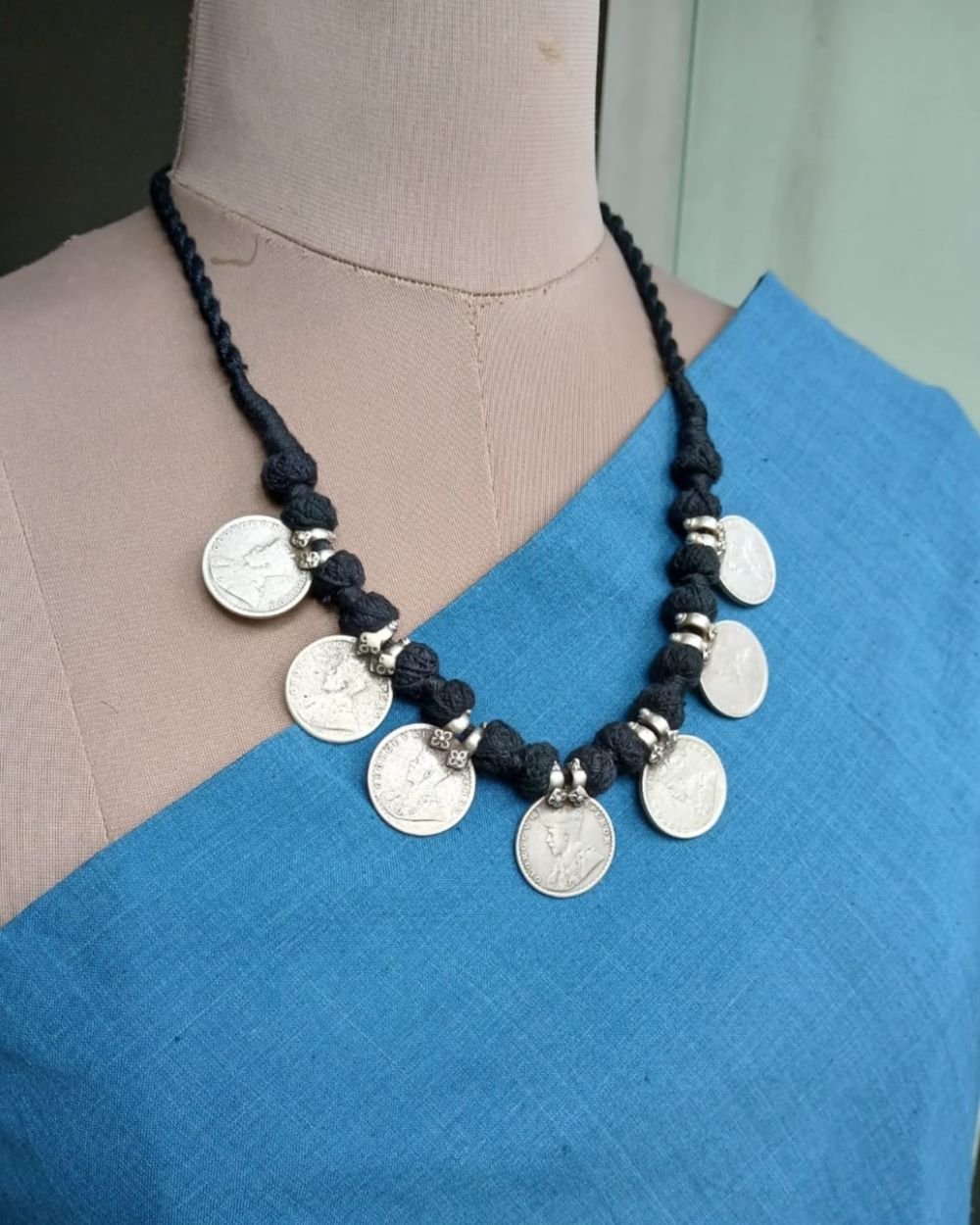 Vintage style silver coin necklace on black dori - (VSSC0002) - Image 2