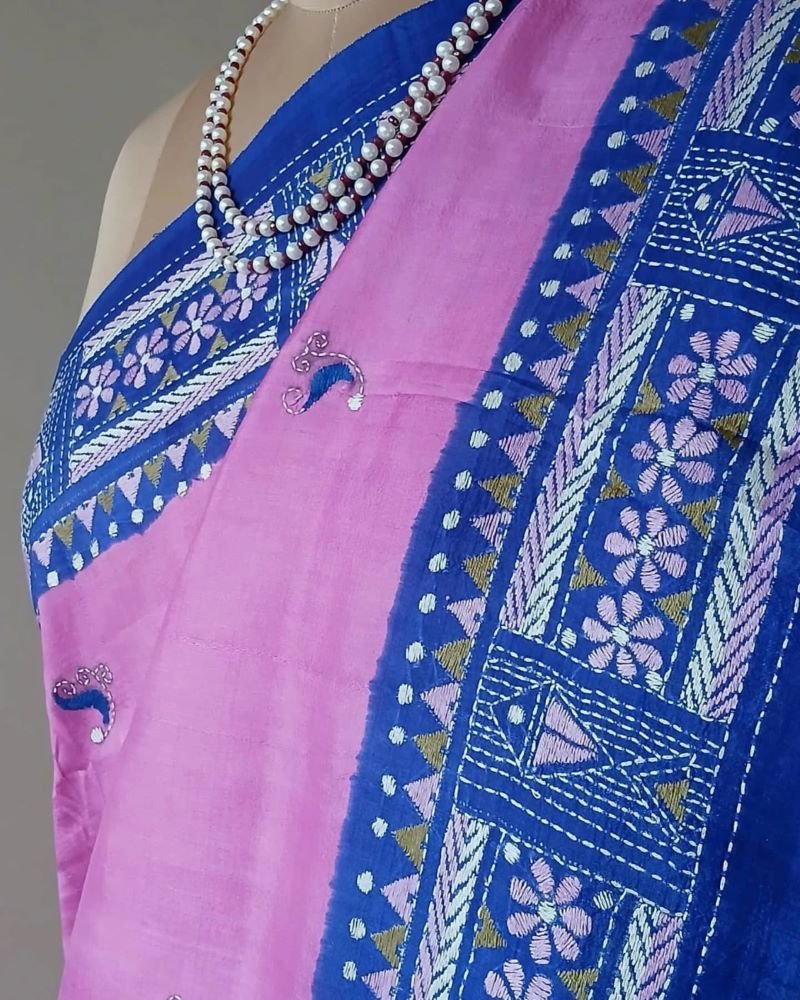Santiniketan Kantha Saree in pure Bisnupuri Silk – (SNBK1019) - Image 6