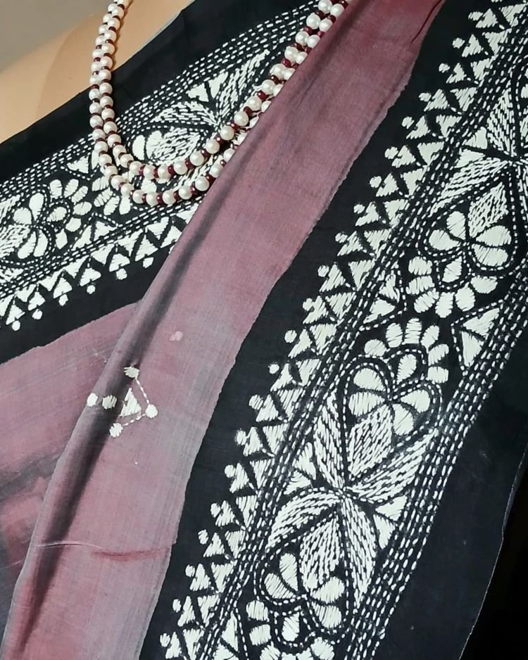 Santiniketan Kantha Saree in pure Bisnupuri Silk – (SNBK1020) - Image 6