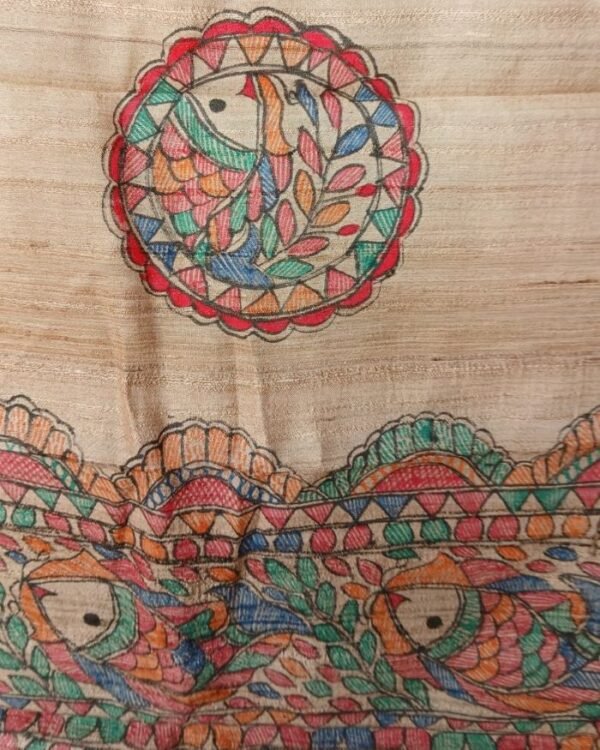 Tussar and Tussar-Ghicha Silk Dupatta with handpainted Madhubani art – (MCDM004) - Image 3