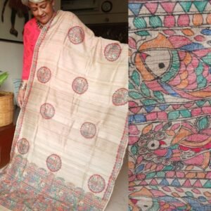 Tussar and Tussar-Ghicha Silk Dupatta with handpainted Madhubani art – (MCDM004)