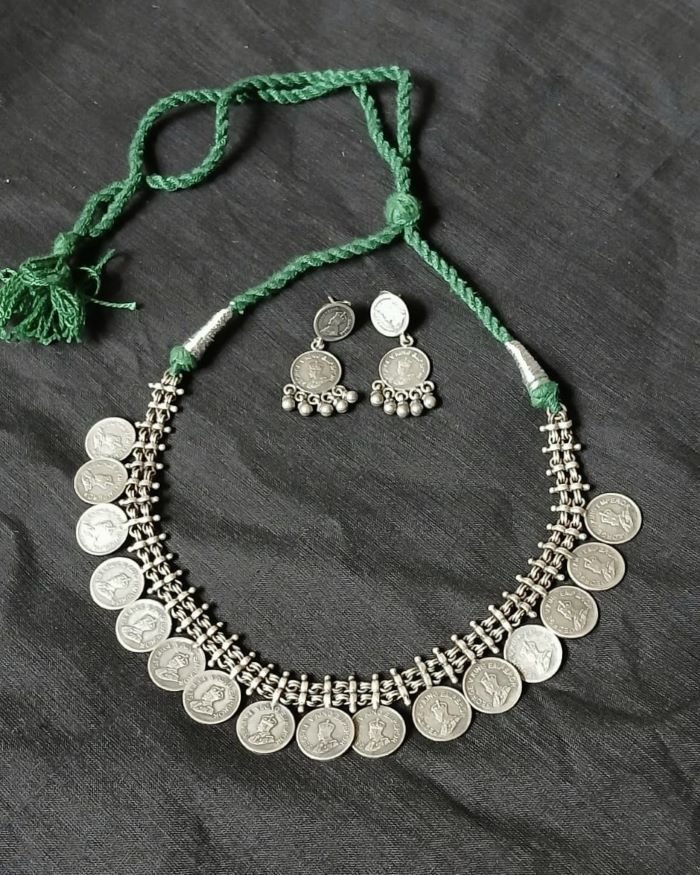 Vintage style silver coin necklace with matching earrings - (VSSC0001)