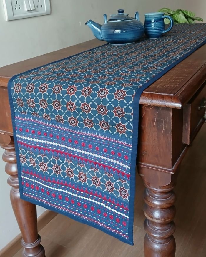Embroidered Ajrakh Table Runner in Natural Dyes - (EATR0002)