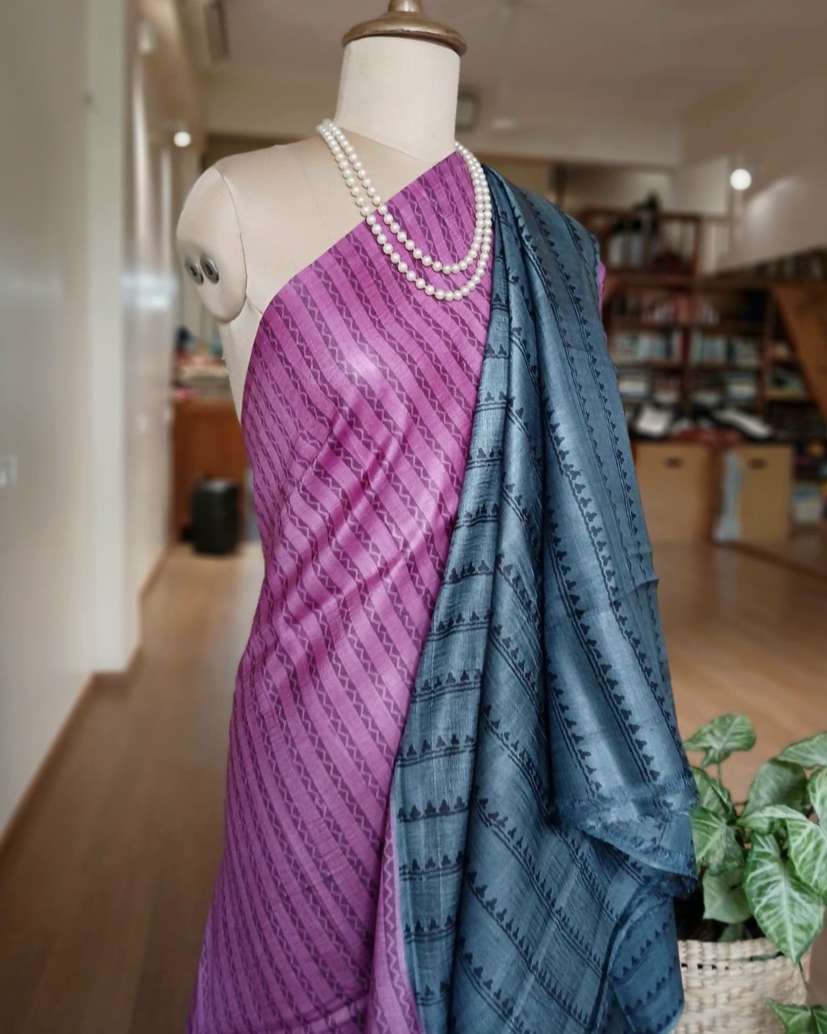 Pure tussar silk saree with Bengal Hand Blockprint, from Icchapur - (PTSS0003) - Image 6