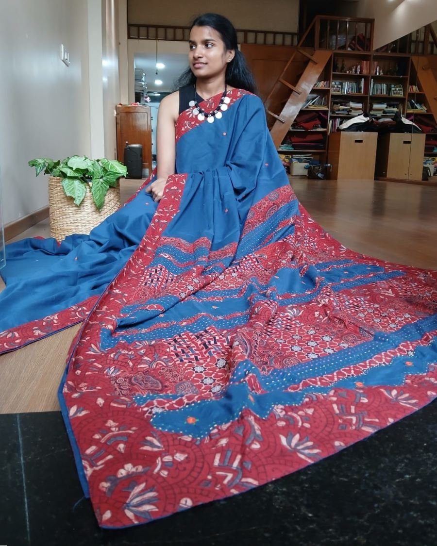 Ajrakh Applique Saree in Mul Cotton – (MCAS1018)