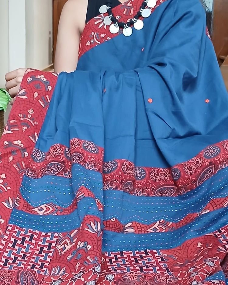 Ajrakh Applique Saree in Mul Cotton – (MCAS1018) - Image 2