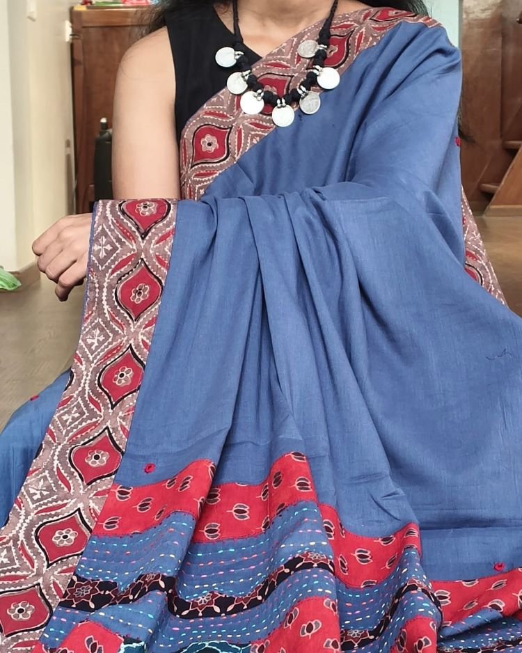 Ajrakh Applique Saree in Mul Cotton – (MCAS1019) - Image 3