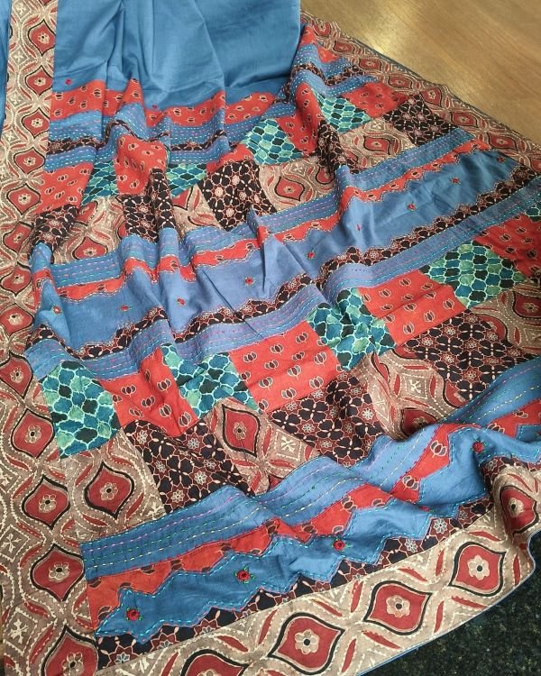 Ajrakh Applique Saree in Mul Cotton – (MCAS1019) - Image 2