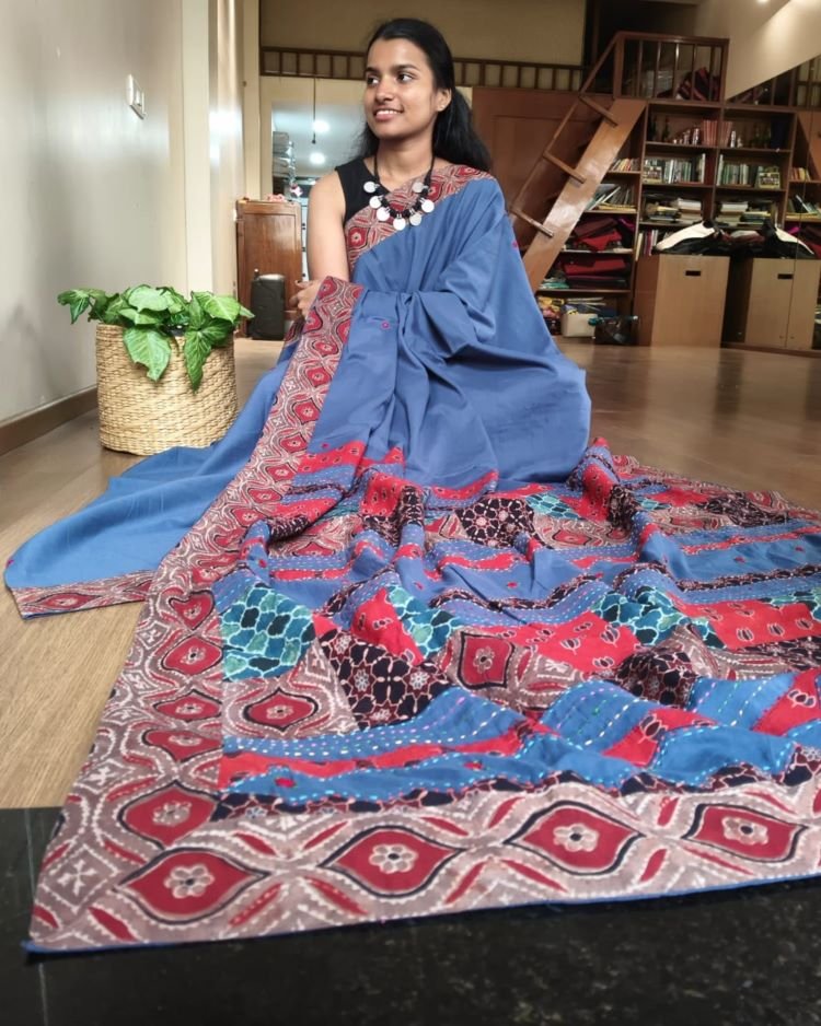 Ajrakh Applique Saree in Mul Cotton – (MCAS1019)