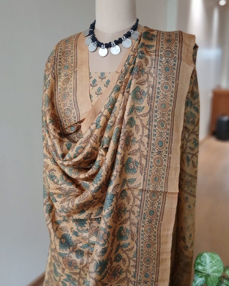 Two-piece salwar sets in pure Tussar Silk with natural dyes Ajrakh – (TPSS0012) - Image 5