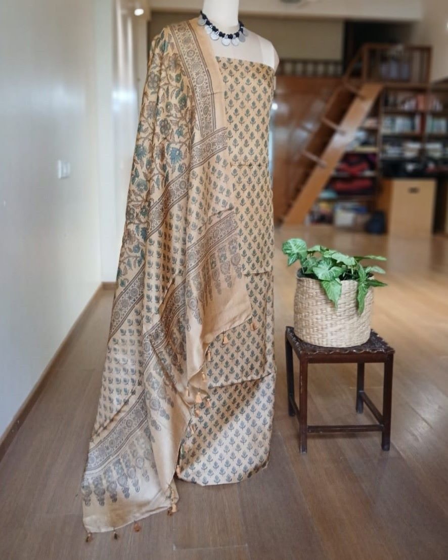 Two-piece salwar sets in pure Tussar Silk with natural dyes Ajrakh – (TPSS0012) - Image 3