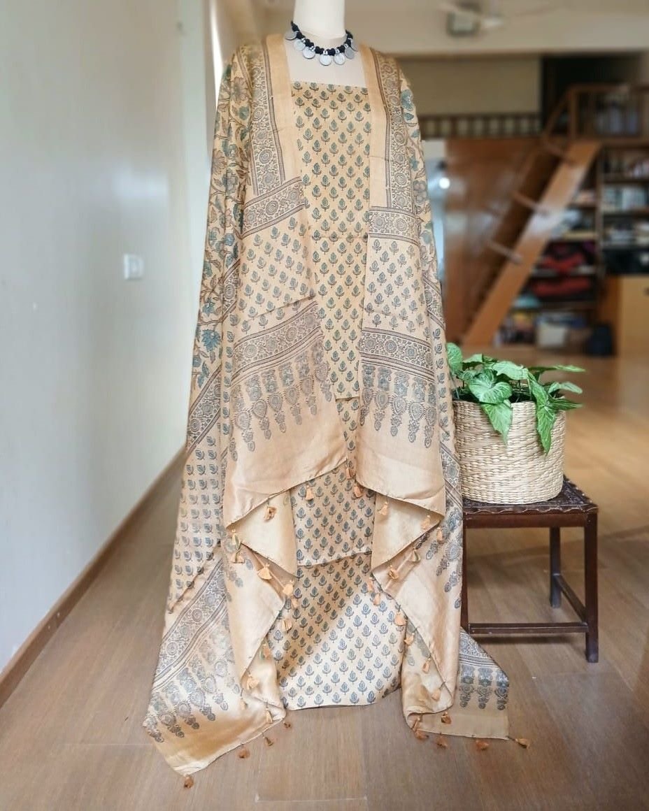 Two-piece salwar sets in pure Tussar Silk with natural dyes Ajrakh – (TPSS0012) - Image 2