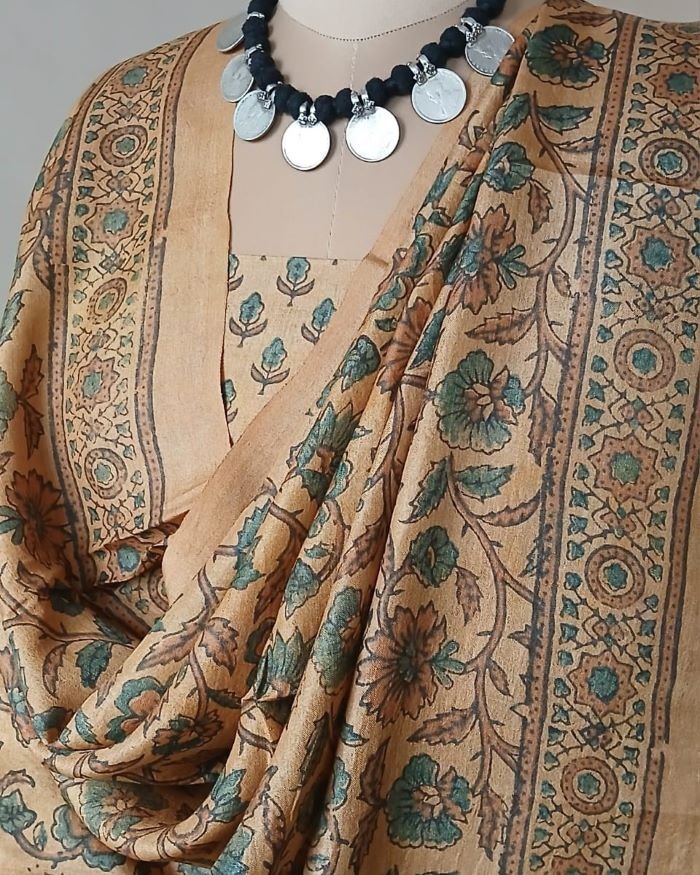 Two-piece salwar sets in pure Tussar Silk with natural dyes Ajrakh – (TPSS0012)