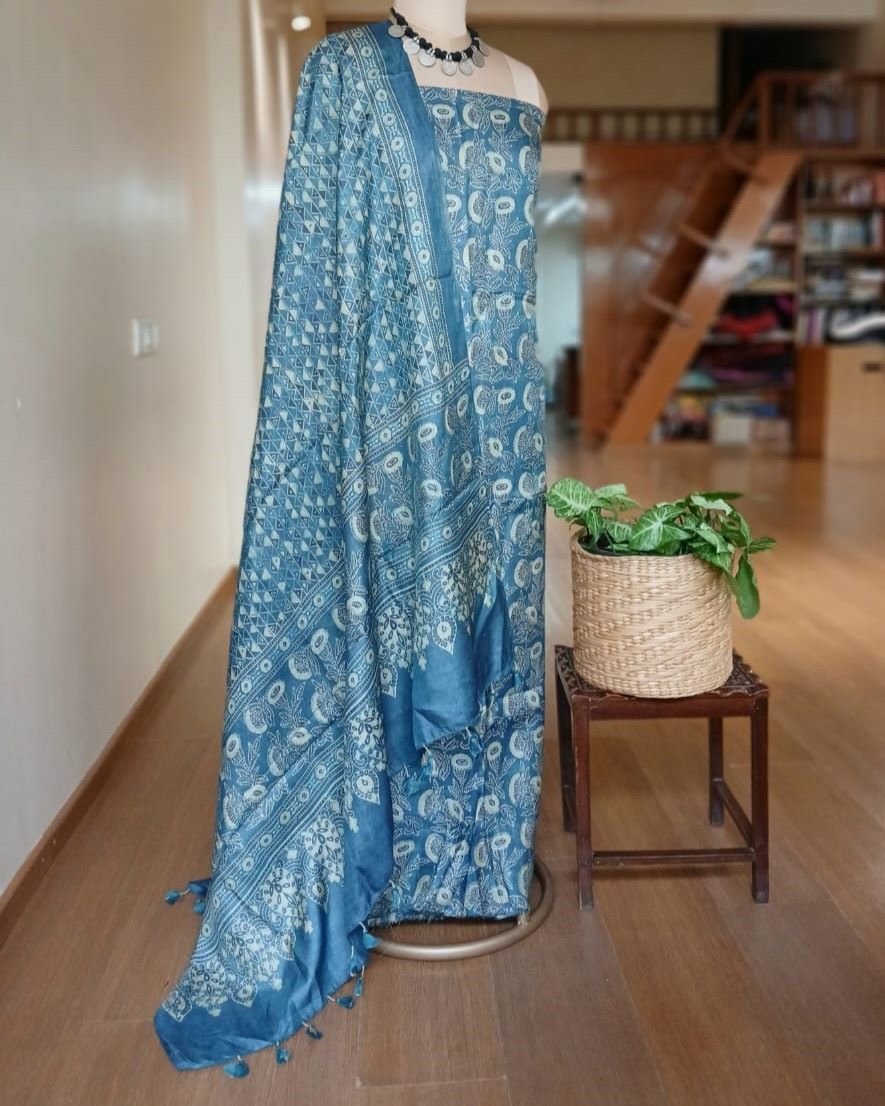 Two-piece salwar sets in pure Tussar Silk with natural dyes Ajrakh – (TPSS0008) - Image 3