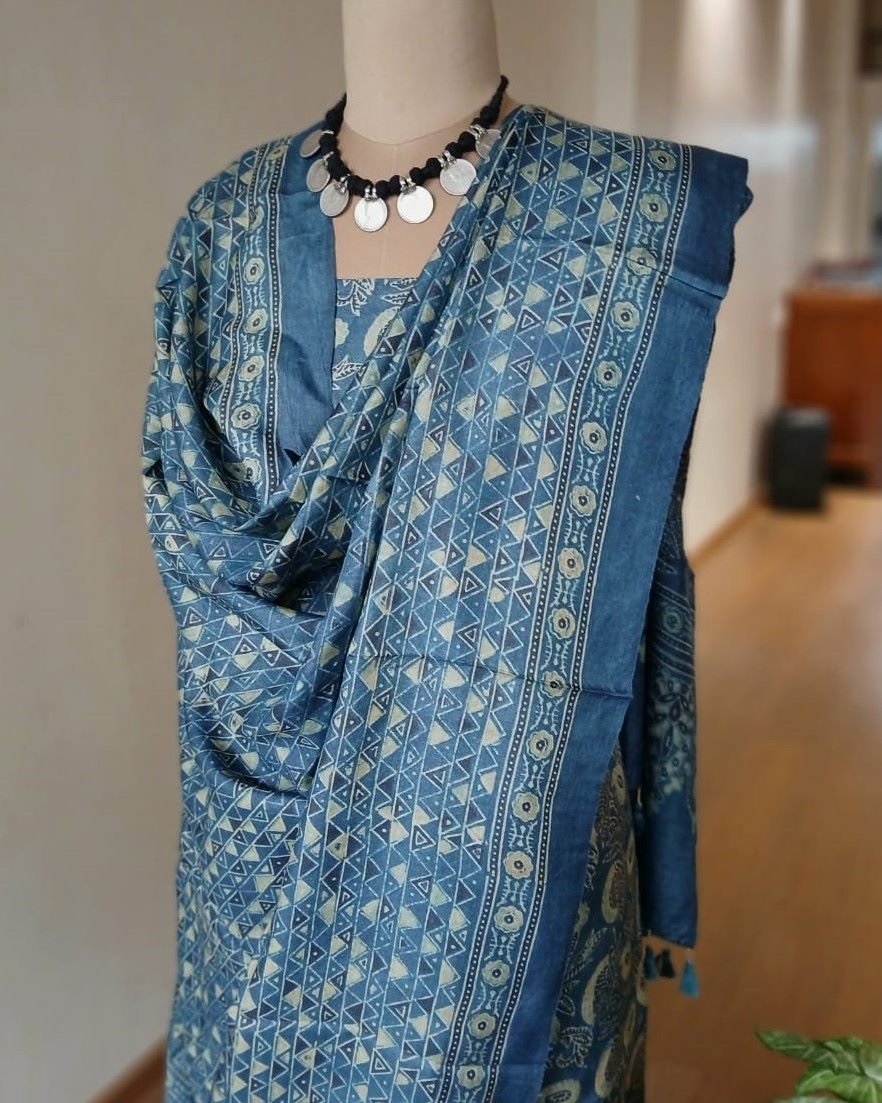 Two-piece salwar sets in pure Tussar Silk with natural dyes Ajrakh – (TPSS0008) - Image 5