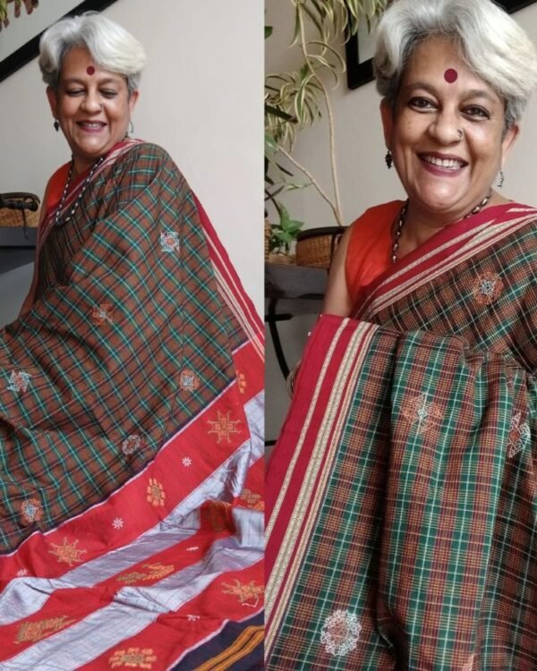 Kasuti embroidered checked saree in vibrant colours - (KCES0004)