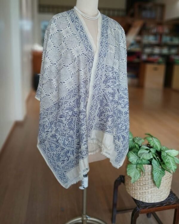 Tussar silk stole with kantha hand-embroidery, made in Santiniketan - (TSSK0004)