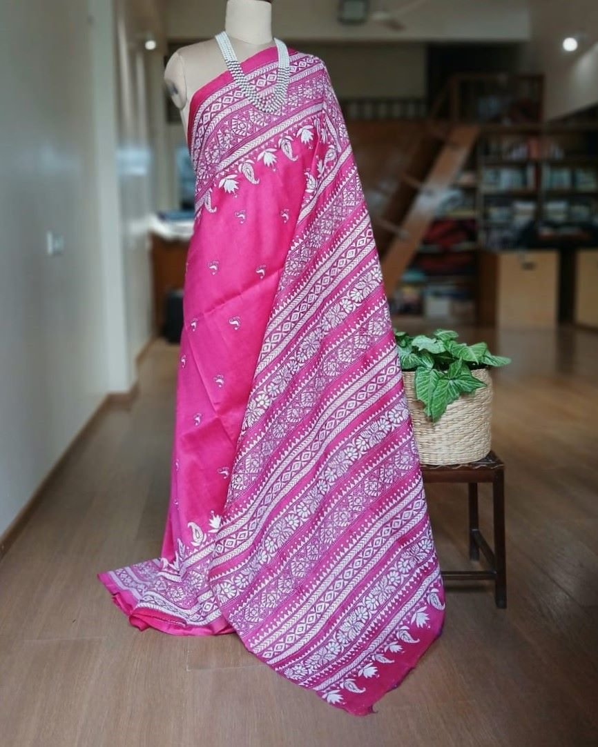 Santiniketan Kantha Saree in pure Bisnupuri Silk – (SNBK1022) - Image 2
