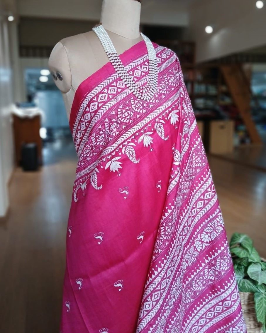 Santiniketan Kantha Saree in pure Bisnupuri Silk – (SNBK1022) - Image 4