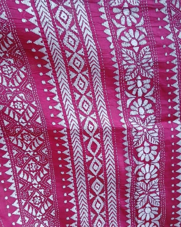 Santiniketan Kantha Saree in pure Bisnupuri Silk – (SNBK1022) - Image 9