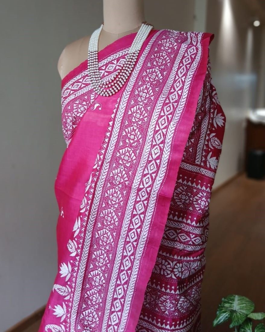 Santiniketan Kantha Saree in pure Bisnupuri Silk – (SNBK1022) - Image 5