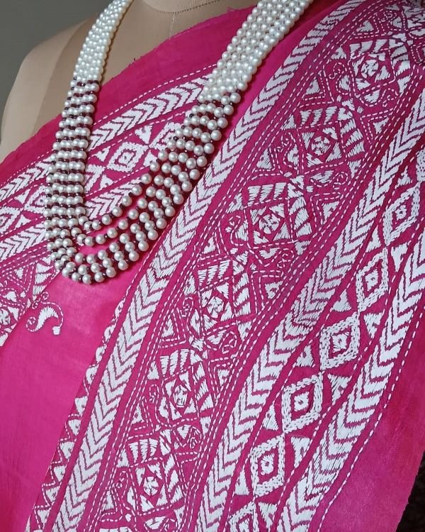 Santiniketan Kantha Saree in pure Bisnupuri Silk – (SNBK1022) - Image 6