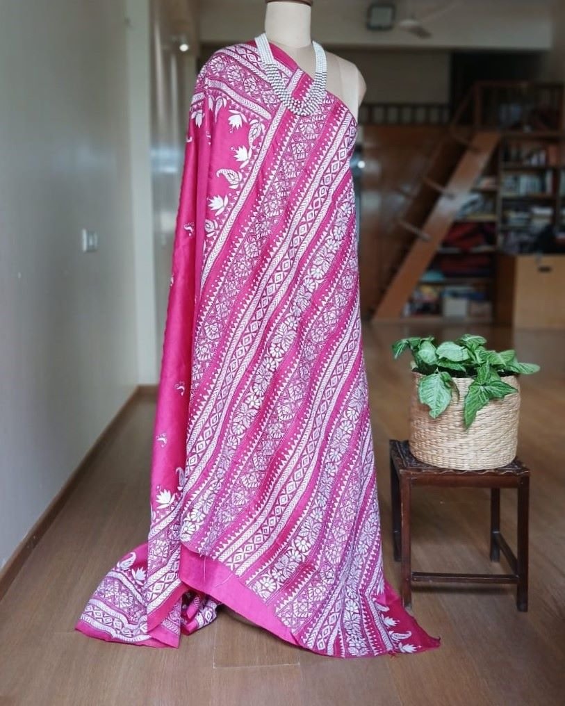 Santiniketan Kantha Saree in pure Bisnupuri Silk – (SNBK1022) - Image 7