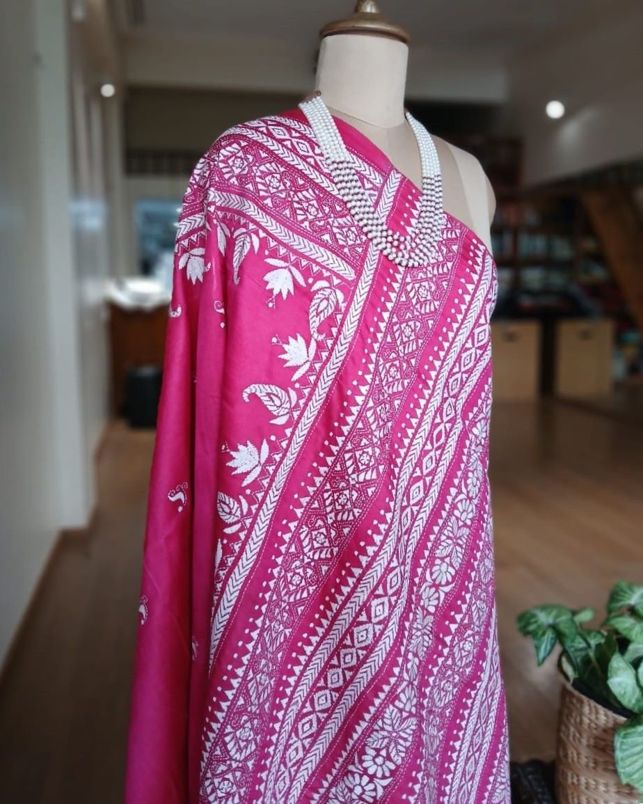 Santiniketan Kantha Saree in pure Bisnupuri Silk – (SNBK1022) - Image 8