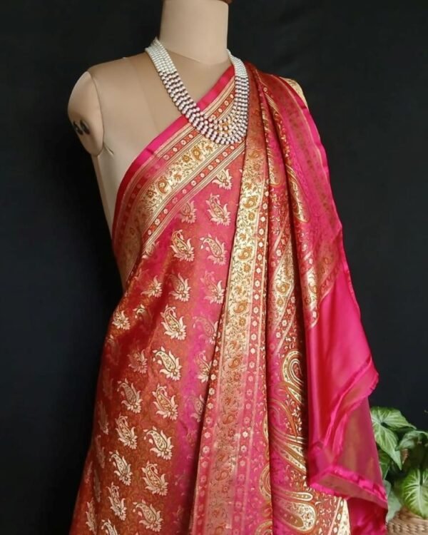 Banarasi Dohri Jamavar Zari Tanchoi - Pink - Image 6