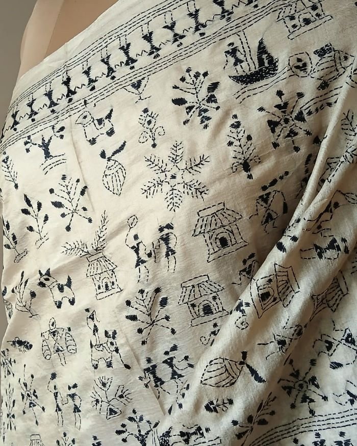 Kantha saree on Pure Tussar Silk- (SKTS1010) - Image 4