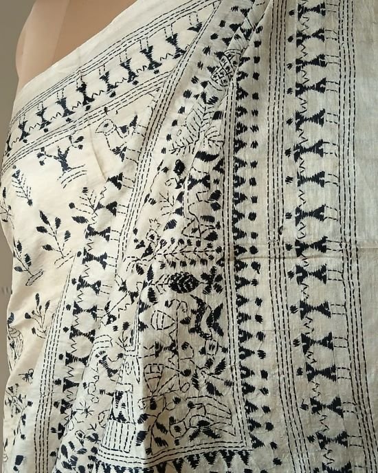 Kantha saree on Pure Tussar Silk- (SKTS1010) - Image 6