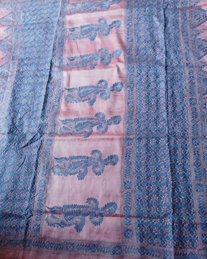 Santiniketan Kantha Saree in pure Bisnupuri Silk – (SNBK1024) - Image 9