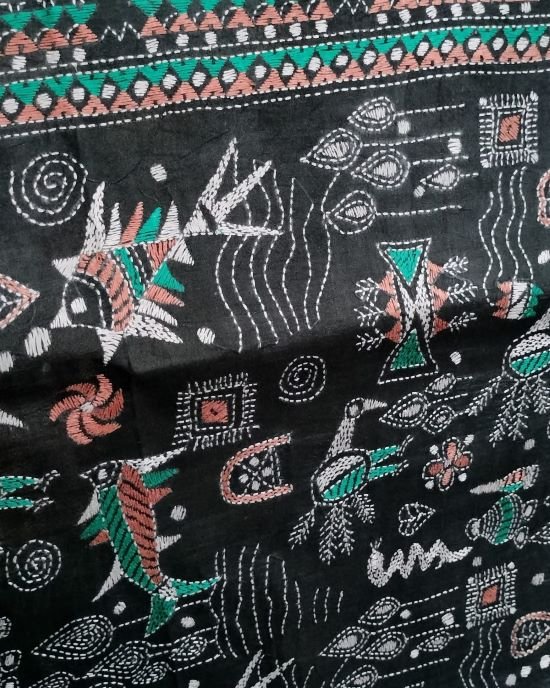 Santiniketan Kantha Saree in pure Bisnupuri Silk – (SNBK1026) - Image 9