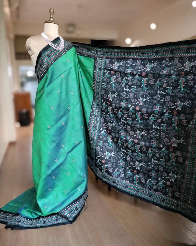 Santiniketan Kantha Saree in pure Bisnupuri Silk – (SNBK1026) - Image 3