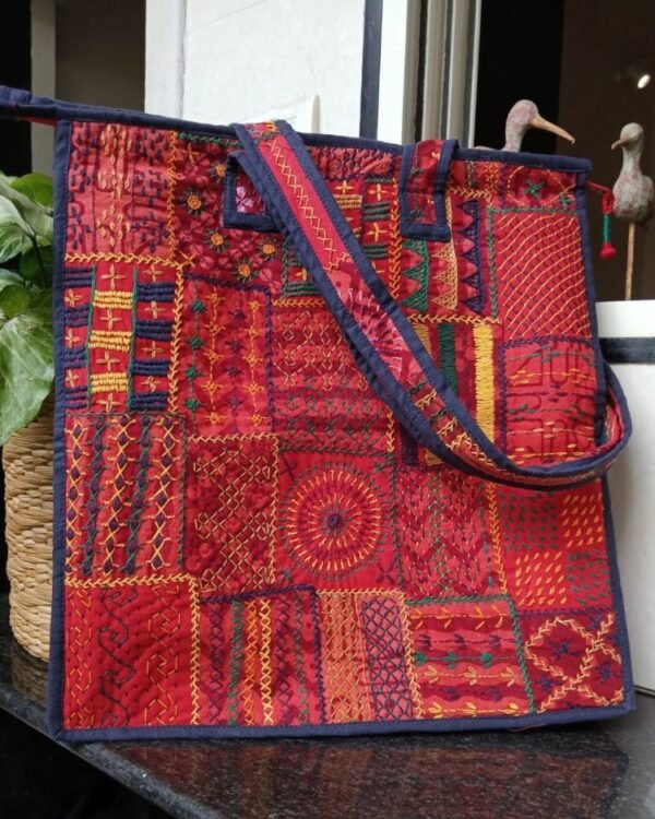 Boho Patchwork Tote Bag with Hand-Embroidery -(TOTB1020) - Image 2